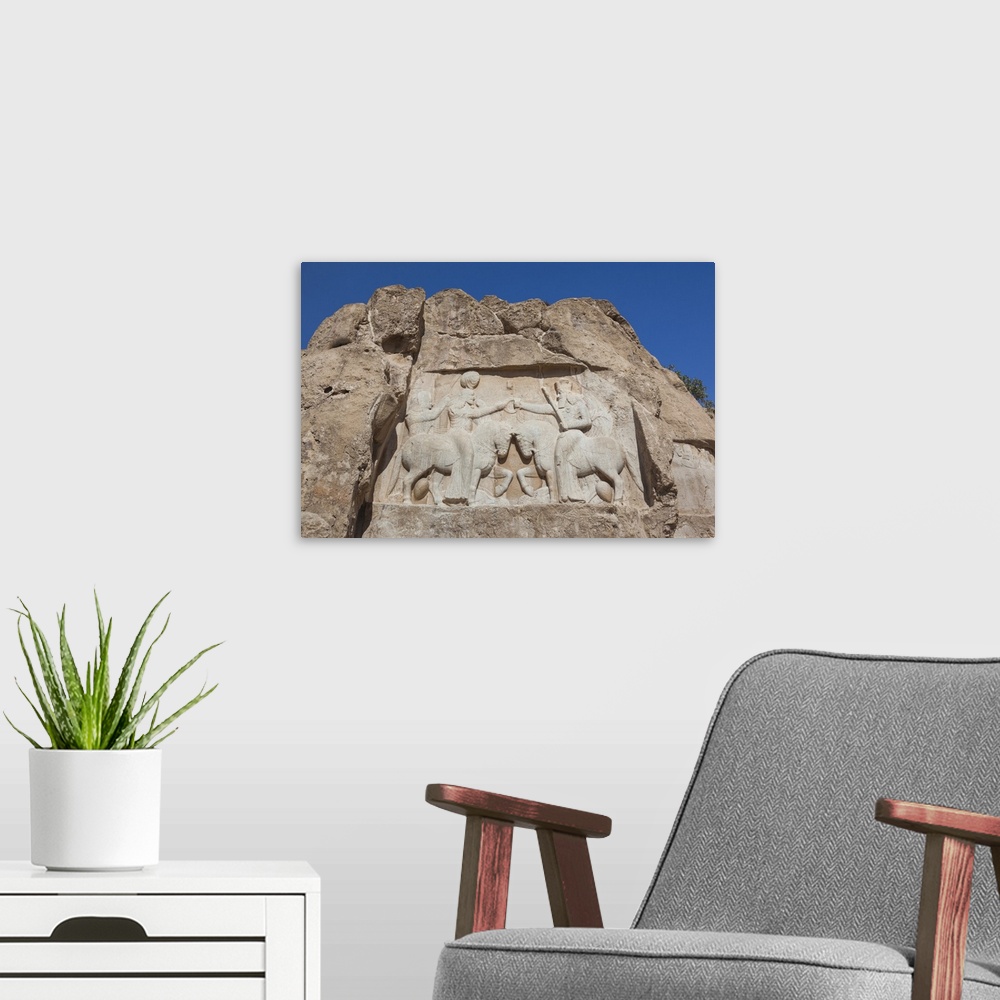 A modern room featuring Iran, Central Iran, Shiraz, Naqsh-e Rostam, Sassanian stone reliefs cut into mountain