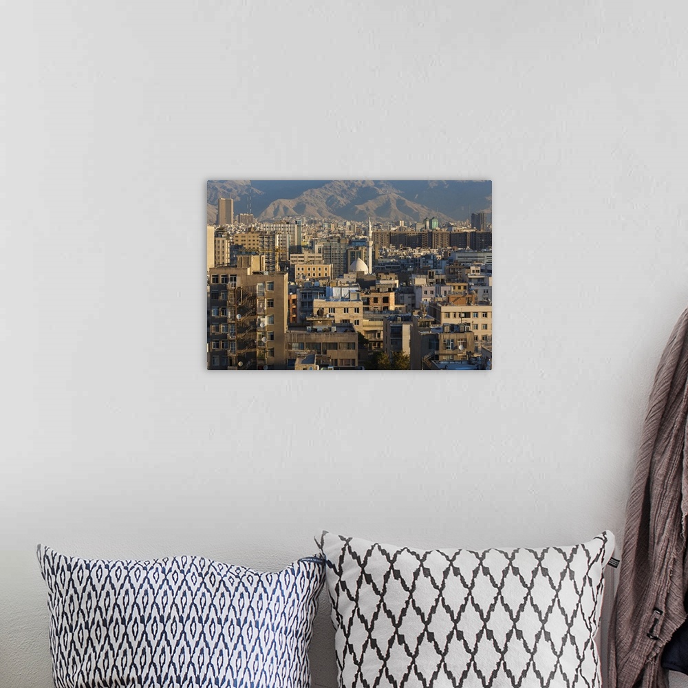 A bohemian room featuring Iran, Tehran, elevated city view with mosque, dawn