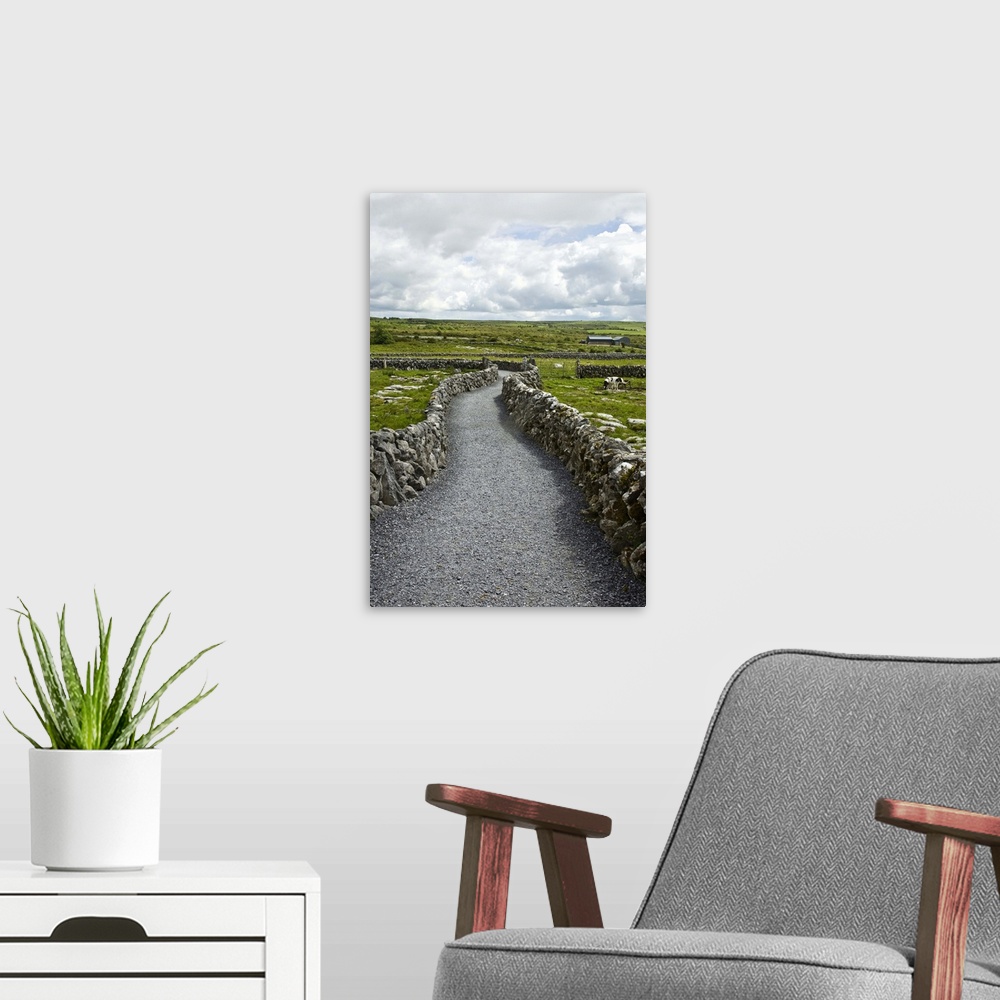 A modern room featuring Ireland, Burren, Kilfenora. A walking path through the historice site of Kilfenora.