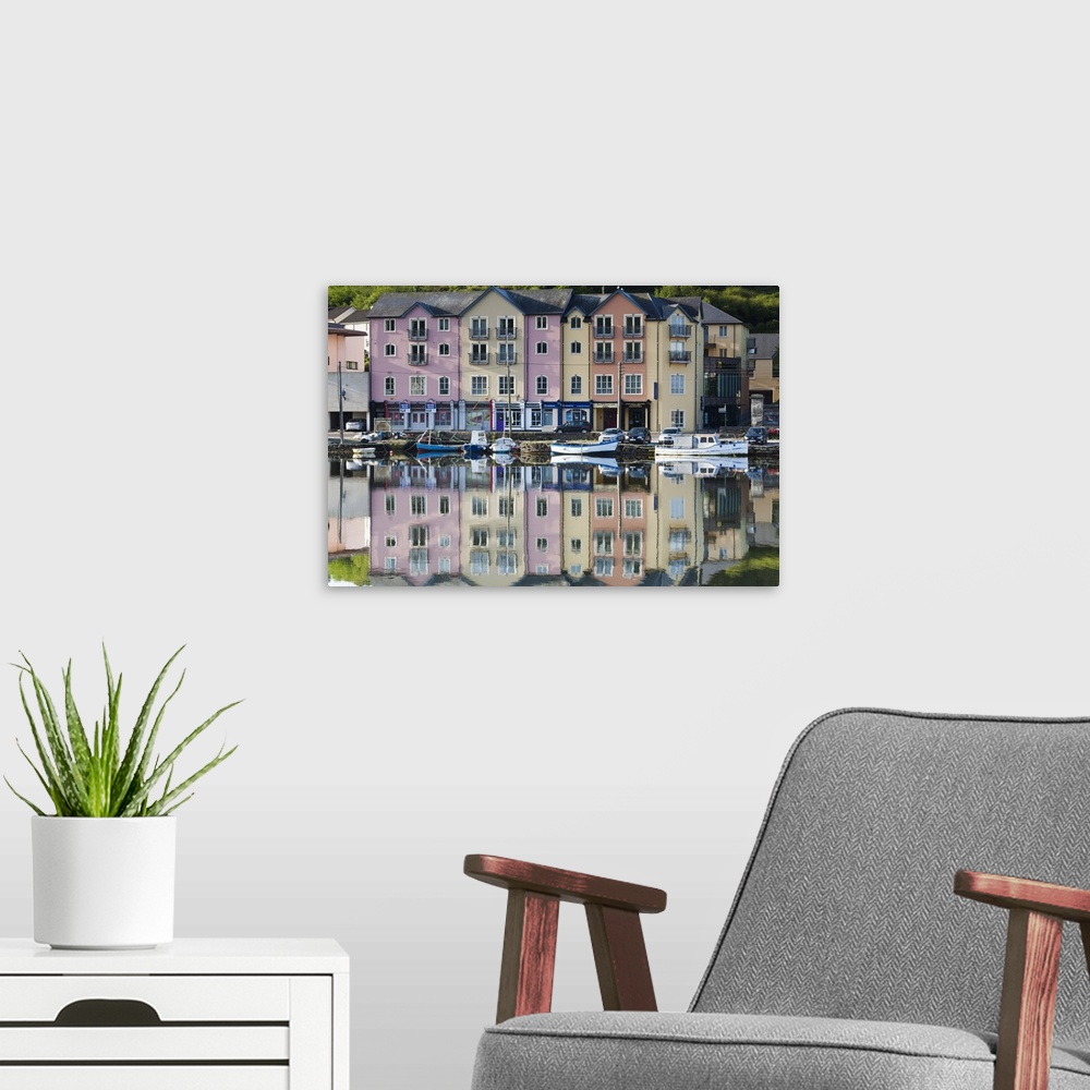 A modern room featuring Ireland, County Cork, Bantry, harborfront buildings, morning.