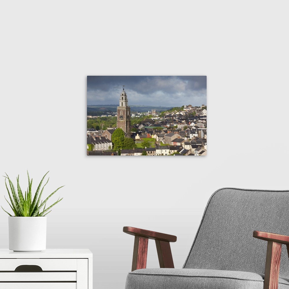 A modern room featuring Ireland, County Cork, Cork City, elevated city view with St. Anne's Church, dawn.