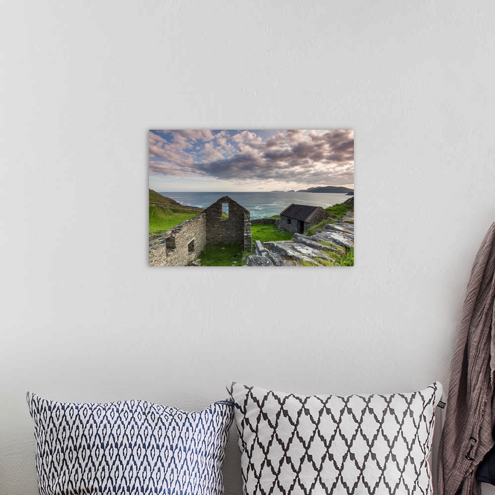A bohemian room featuring Ireland, County Kerry, Dingle Peninsula, Slea Head Drive, Dunquin, farmhouse ruins.