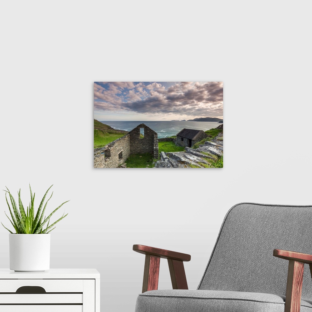A modern room featuring Ireland, County Kerry, Dingle Peninsula, Slea Head Drive, Dunquin, farmhouse ruins.