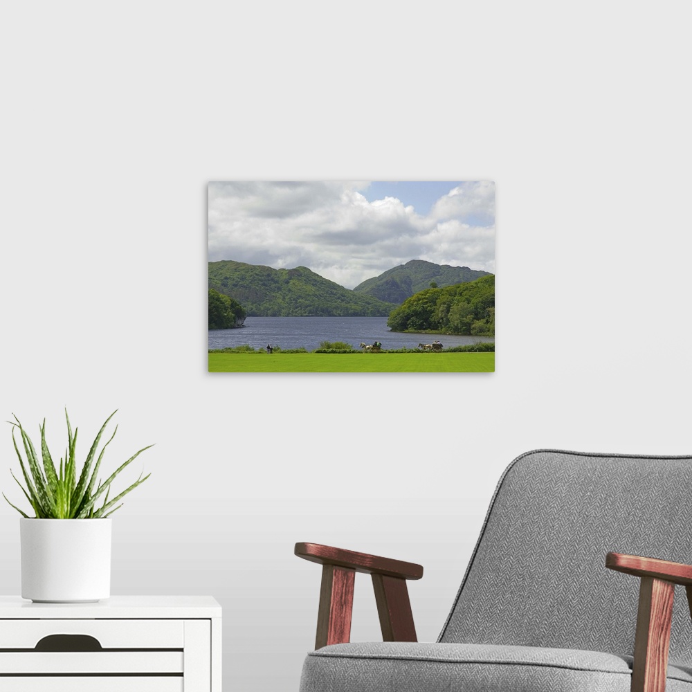 A modern room featuring IRELAND, Kerry, Killarney National Park. View of Lough Leane from Muckross House.
