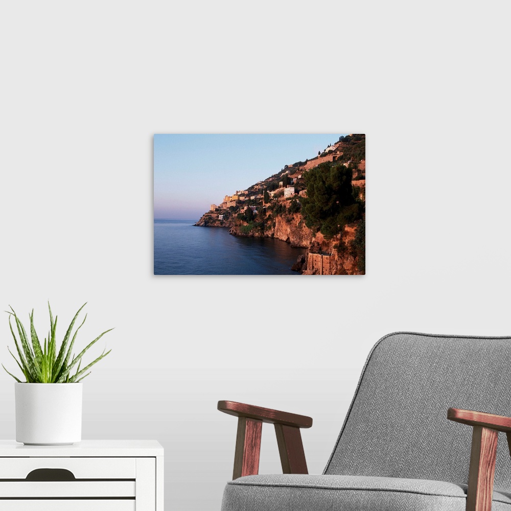 A modern room featuring Europe, Italy, Campania, Amalfi Coast.Watchtowers and houses perched above Gulf of Salerno