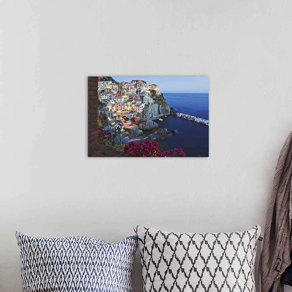 A bohemian room featuring Europe, Italy, Cinque Terre, Manarola. Dusk on a scenic coastline town.