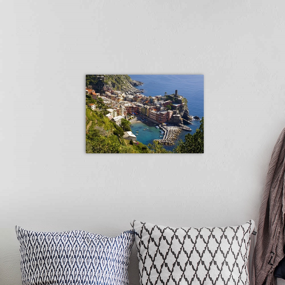 A bohemian room featuring Europe, Italy, Cinque Terre, Vernazza. The town seen from above  from the hiking trail.