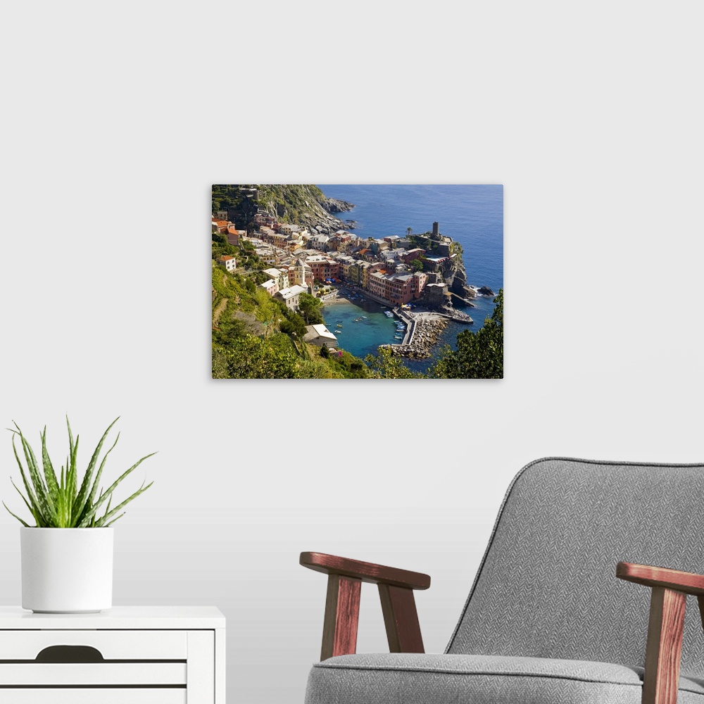 A modern room featuring Europe, Italy, Cinque Terre, Vernazza. The town seen from above  from the hiking trail.