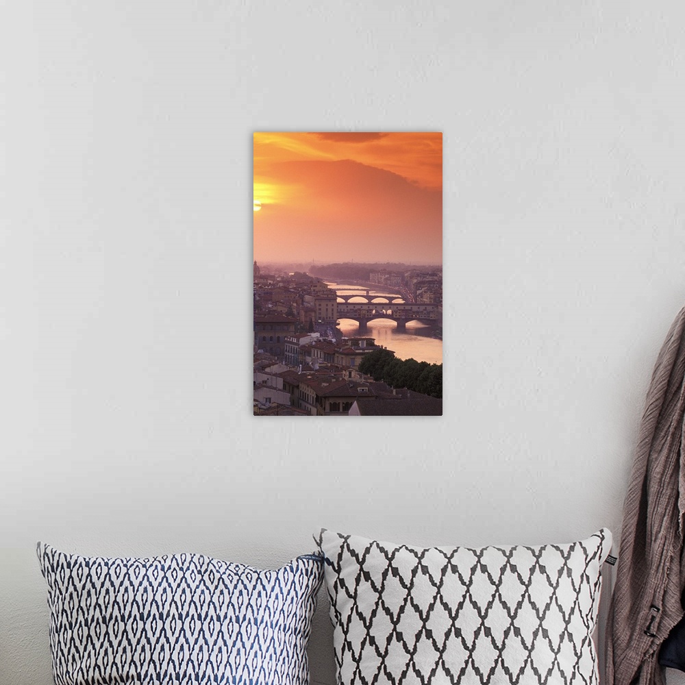 A bohemian room featuring Europe, Italy, Tuscanny, Florence. Ponte Vecchio Bridge at sunset, viewed from Piazza Michelangelo