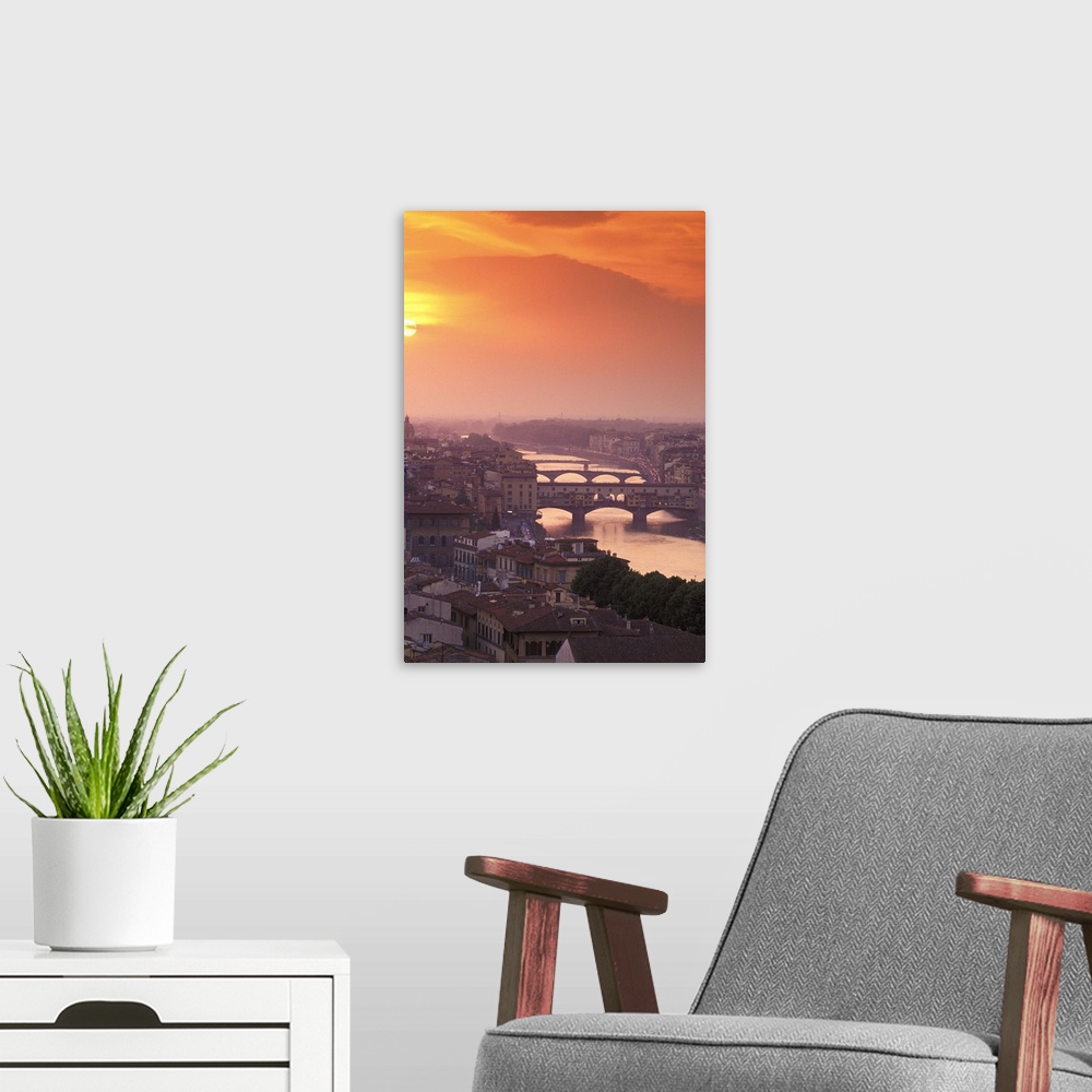 A modern room featuring Europe, Italy, Tuscanny, Florence. Ponte Vecchio Bridge at sunset, viewed from Piazza Michelangelo