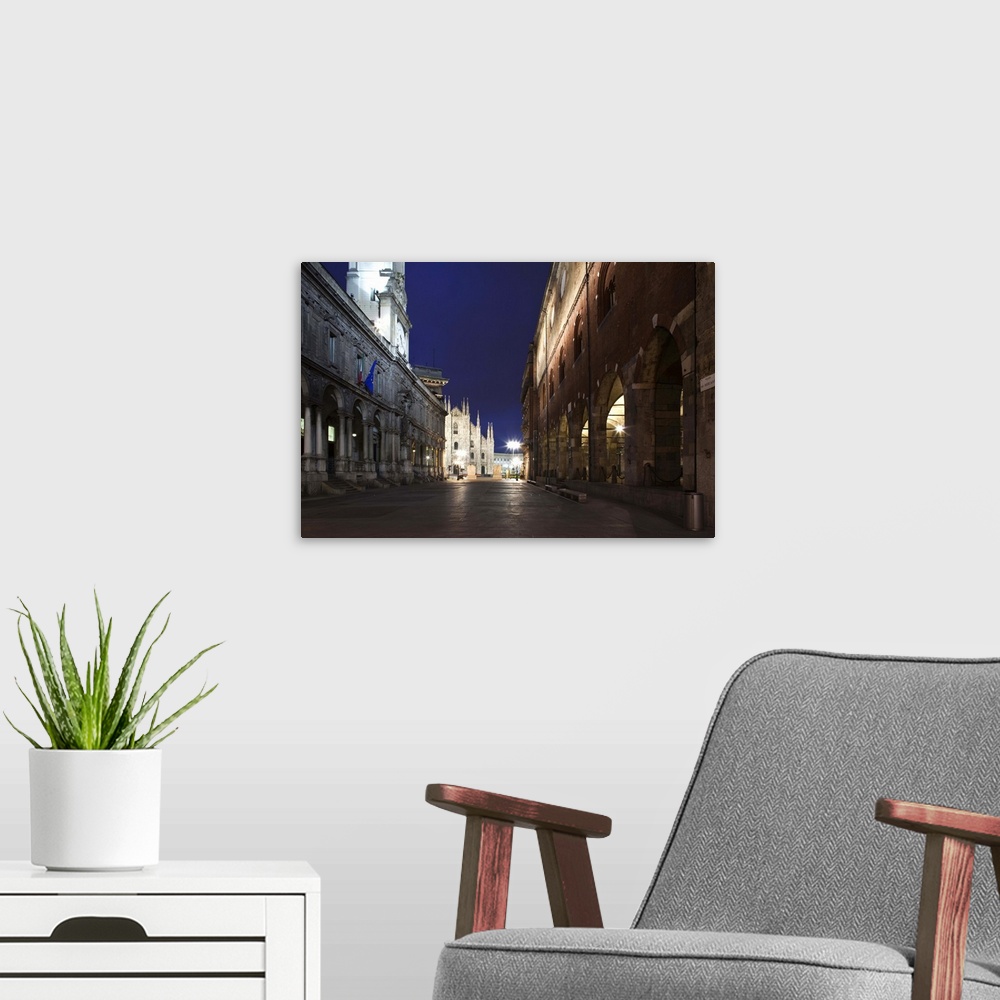 A modern room featuring ITALY, Milan Province, Milan. Piazza del Duomo and the Milan Cathedral, dawn.