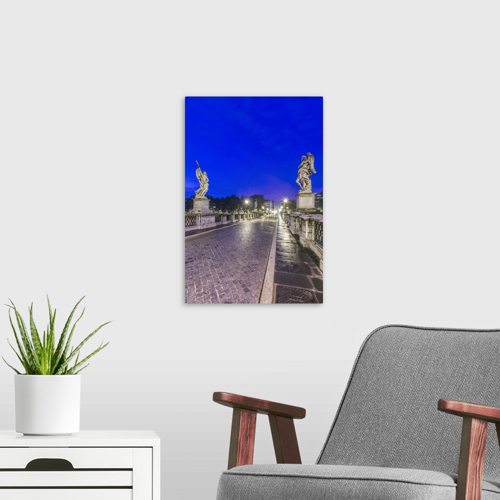 A modern room featuring Italy, Rome, Ponte Sant'Angelo at Dawn, Also called St. Peter's Bridge.