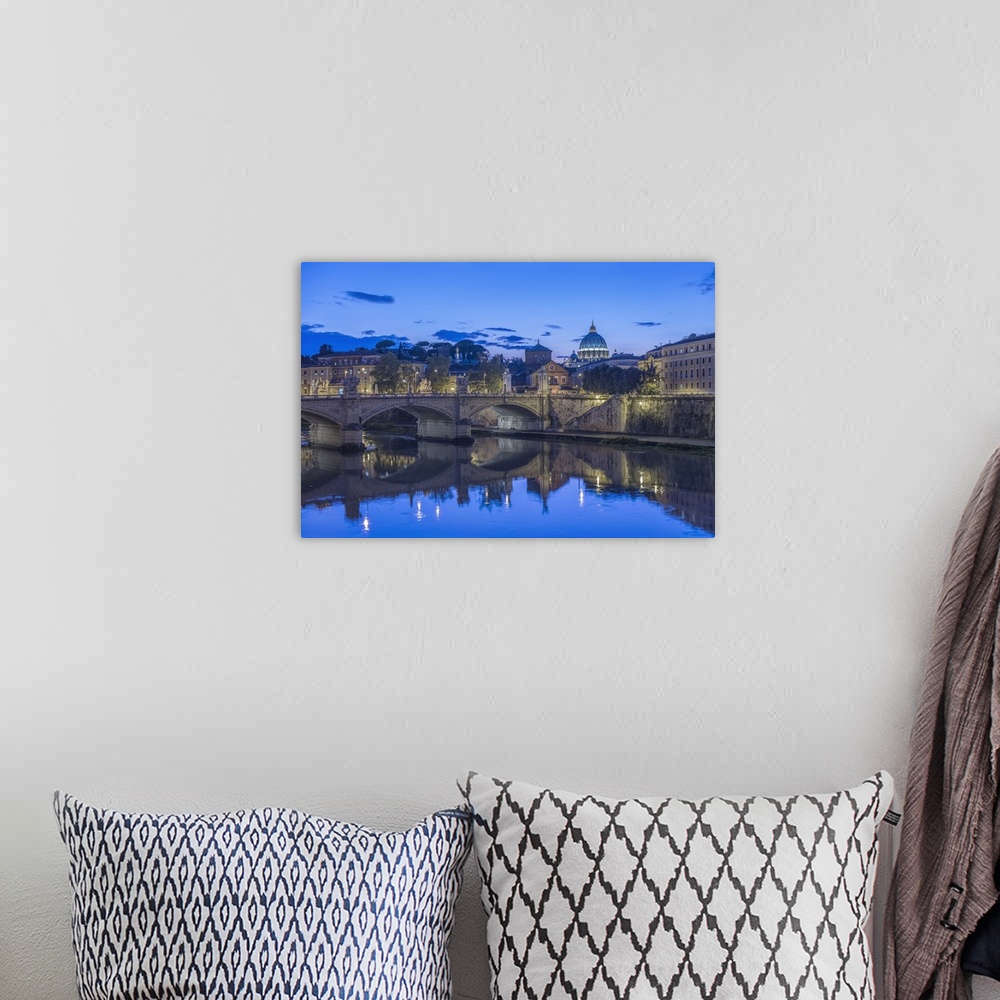 A bohemian room featuring Italy, Rome, Tiber River and Ponte Vittorio Emanuele with St. Peter's Basilica at Twilight.