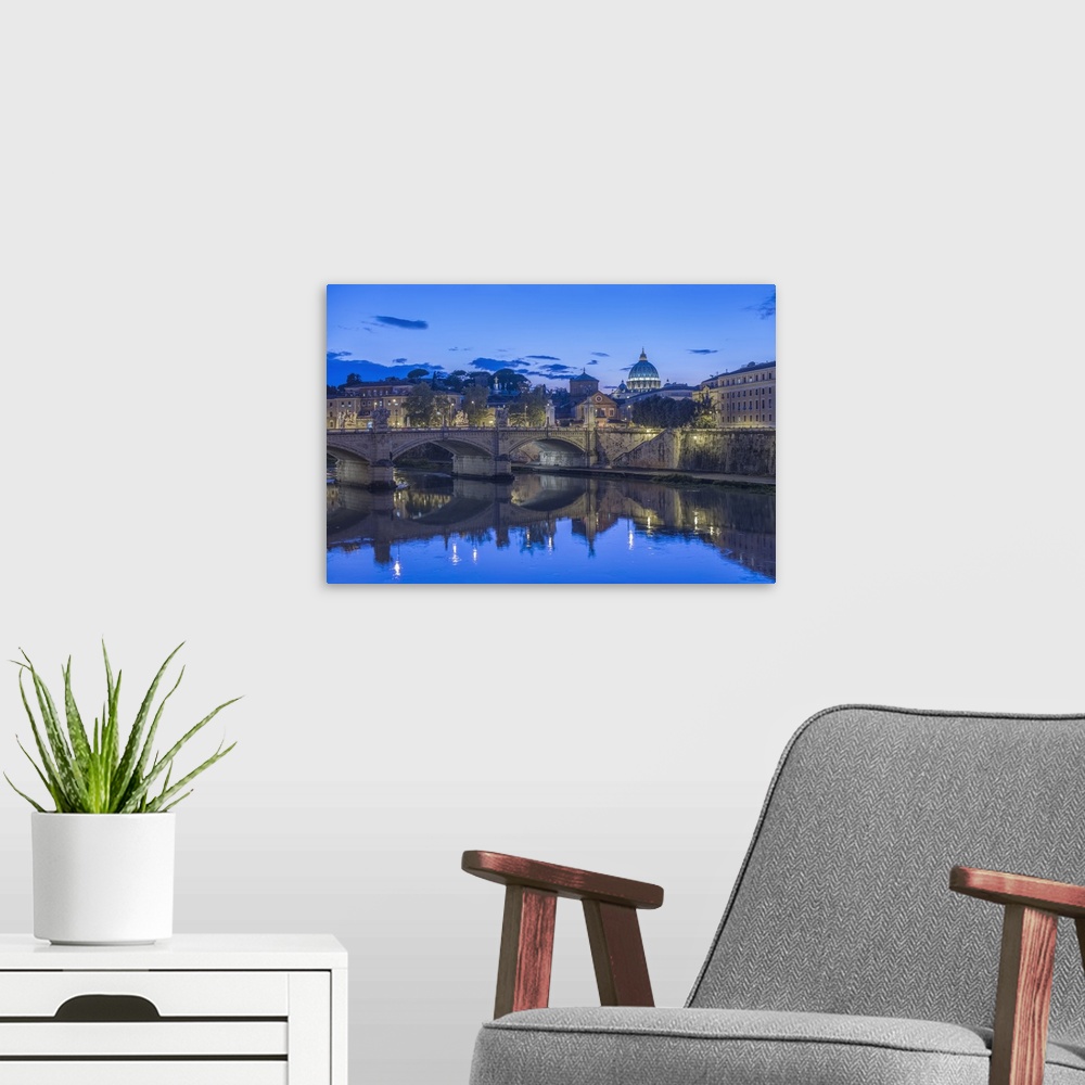 A modern room featuring Italy, Rome, Tiber River and Ponte Vittorio Emanuele with St. Peter's Basilica at Twilight.