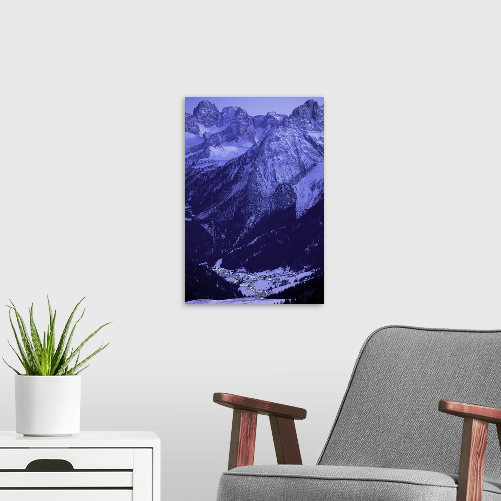 A modern room featuring Europe, Italy, Trentino, Alto Adige, Passo di Sella. Winter evening view of Canazei