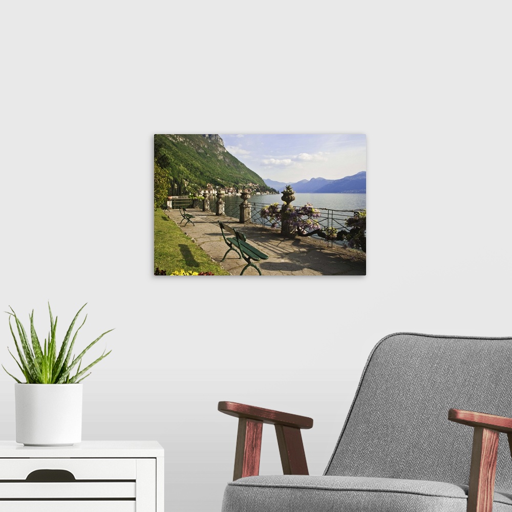 A modern room featuring Europe,Italy, Varenna. View of Lake Como with Varenna in background.