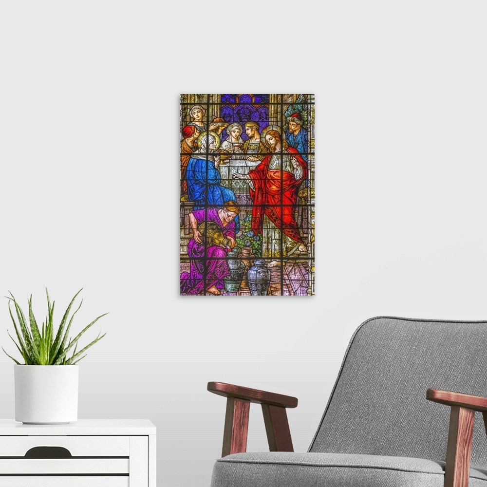 A modern room featuring Jesus Changing Water Wine stained glass Gesu Church, Miami, Florida. Built 1920's. Glass by Franz...