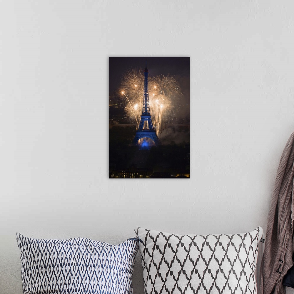A bohemian room featuring July 14 fireworks at the Eiffel Tower, Paris, France