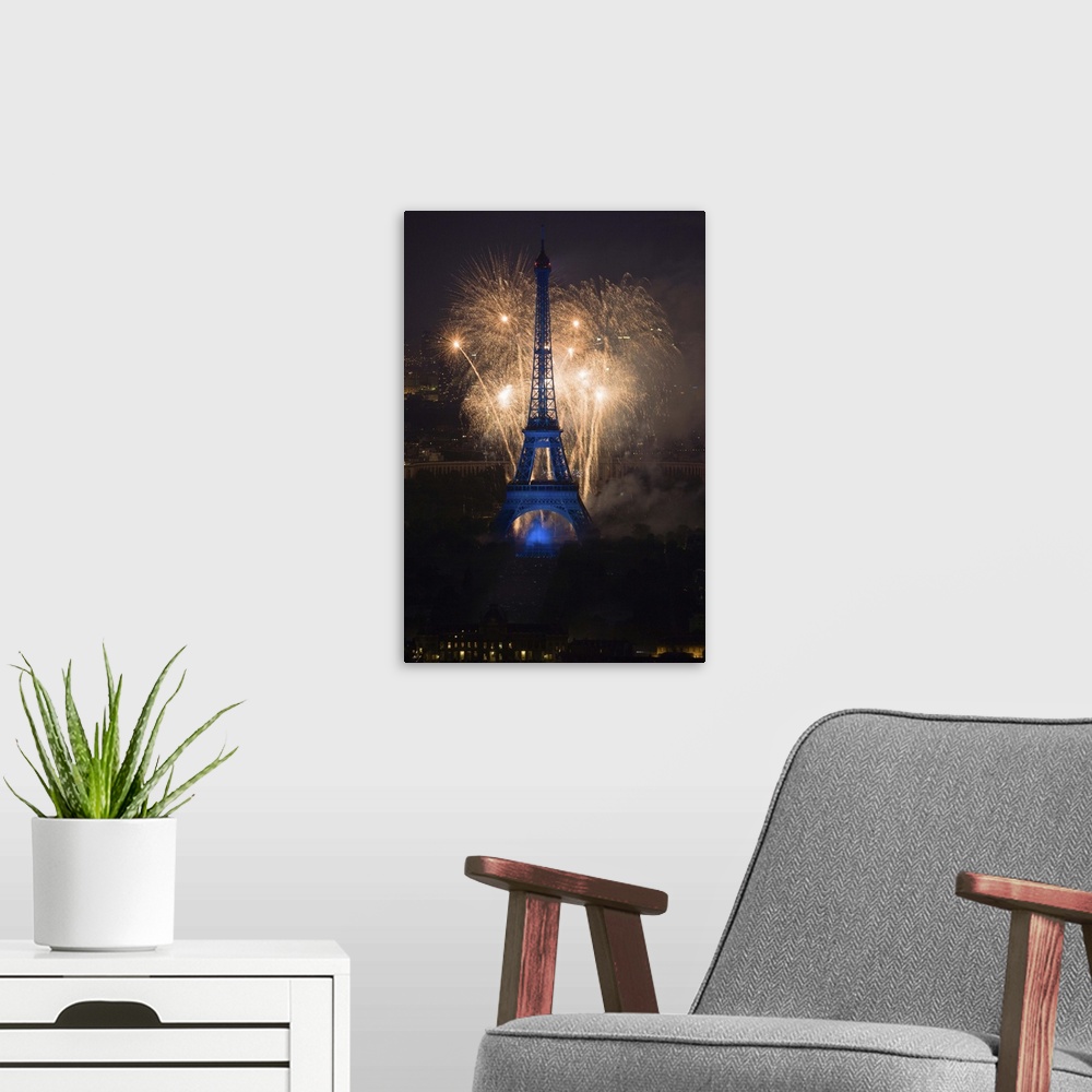 A modern room featuring July 14 fireworks at the Eiffel Tower, Paris, France