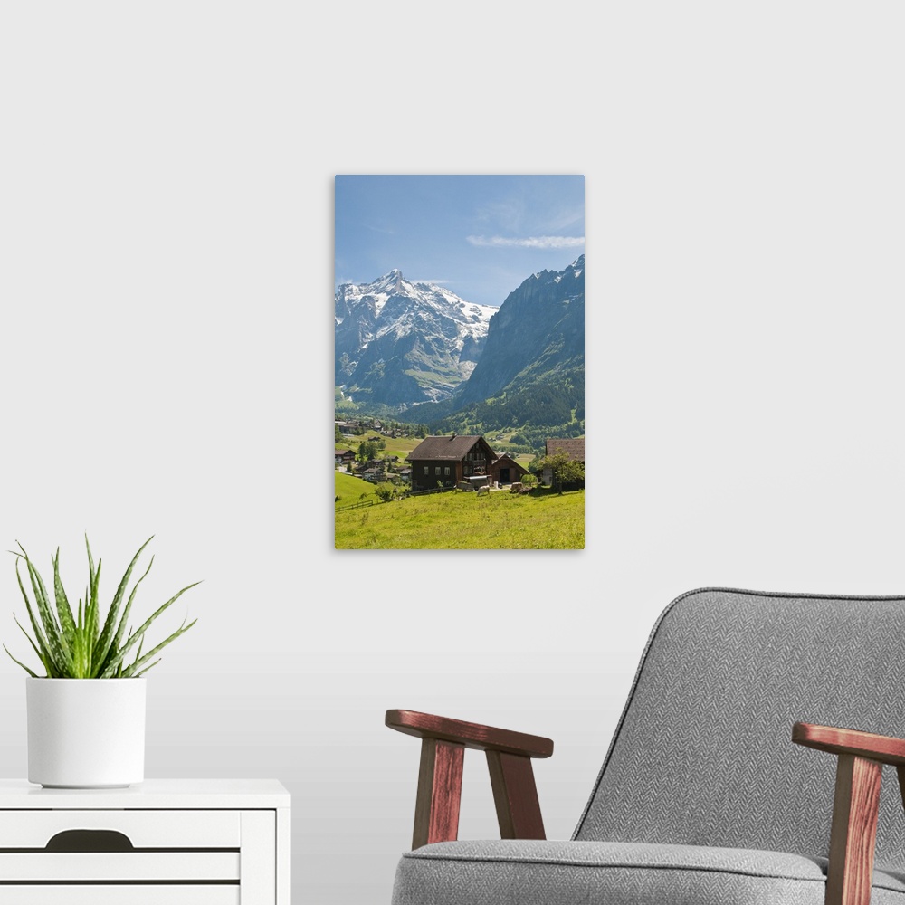 A modern room featuring Jungfrau Region, Switzerland.  Grindelwald Valley below the Wetterhorn.