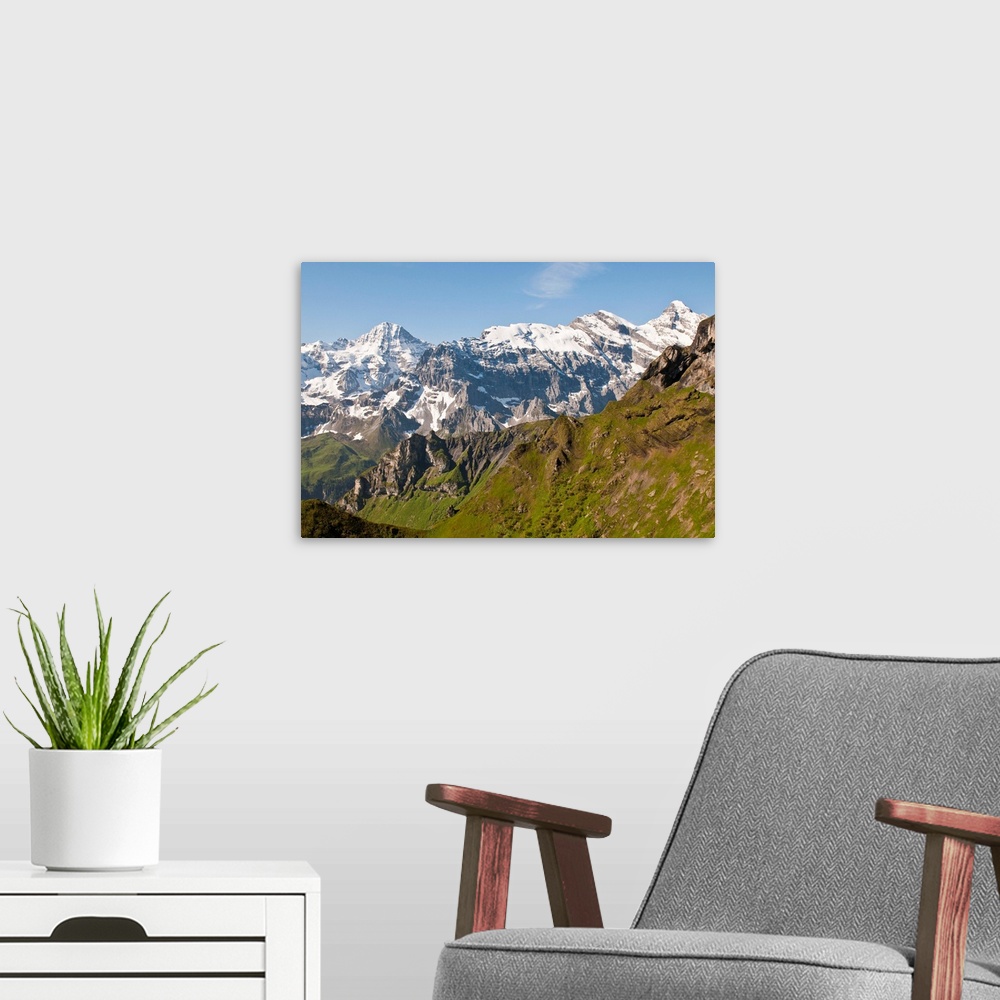 A modern room featuring Jungfrau Region, Switzerland. Jungfrau massif from Schilthorn Peak.