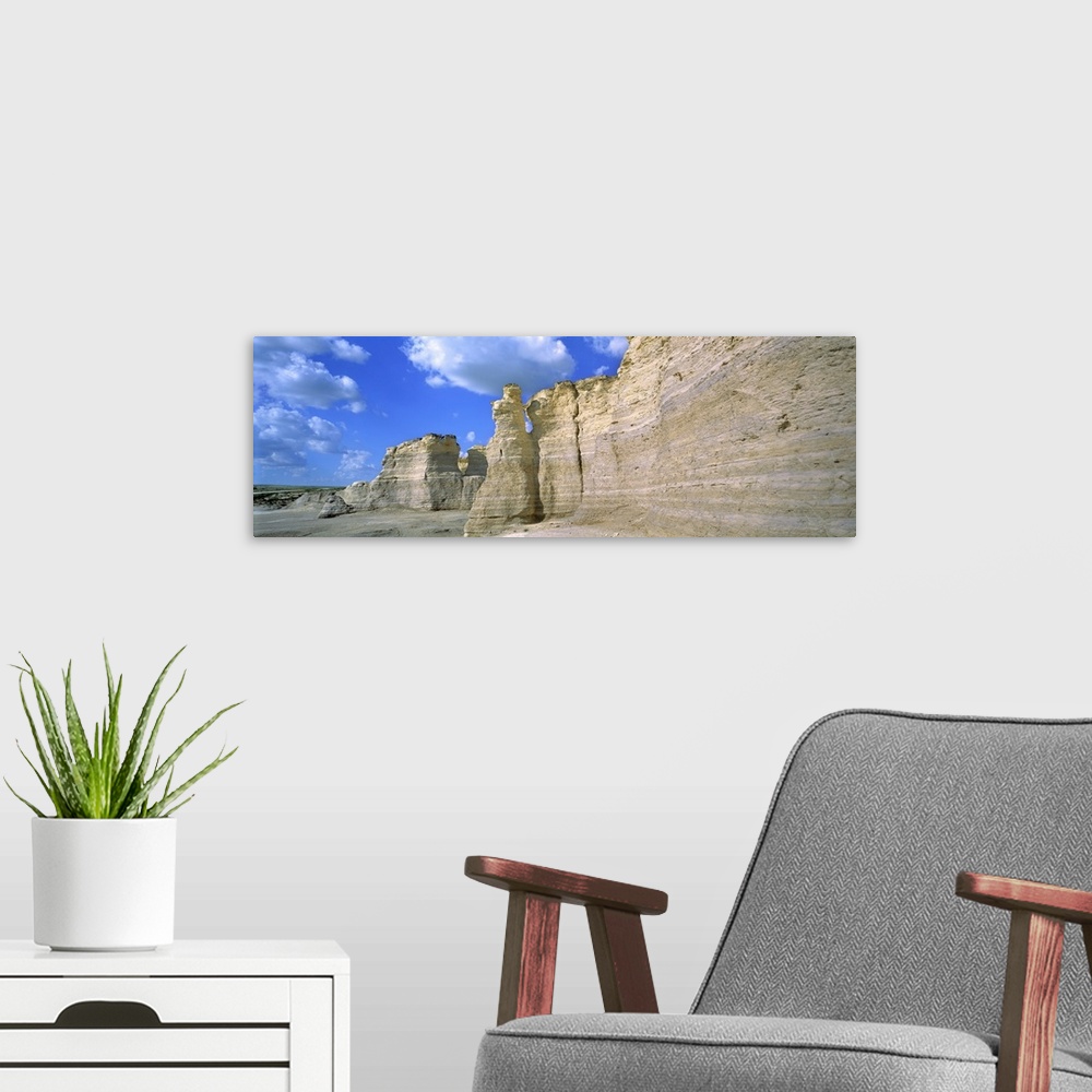 A modern room featuring USA, Kansas, Logan County, Monument Rocks. The striated limestone of Monument Rocks form a thick ...