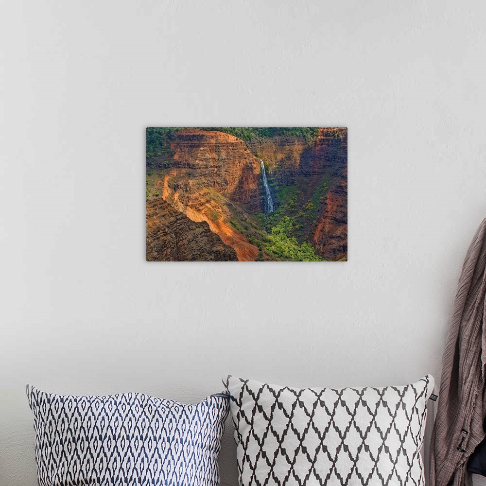 A bohemian room featuring Kauai Hawaii, scenic Waimea Canyon State Park, Red cliffs from above canyon with distant waterfall