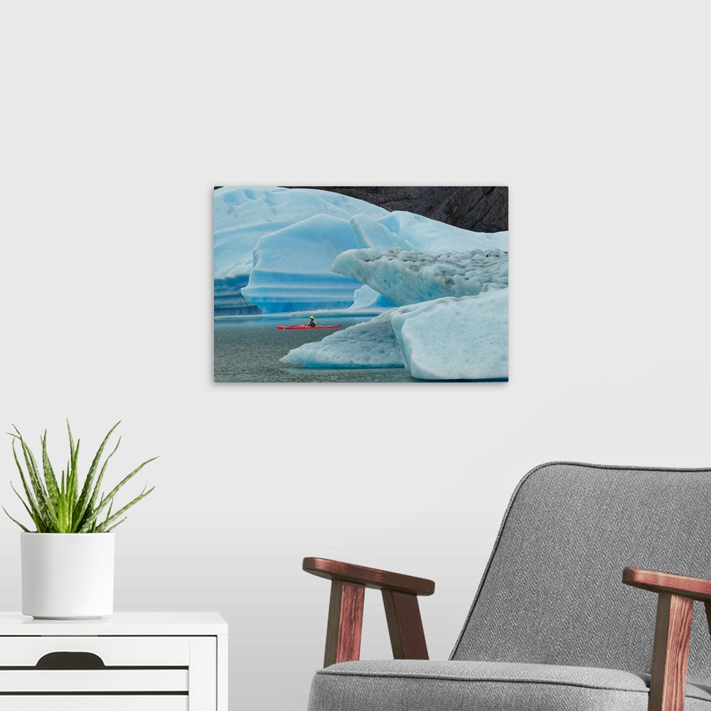 A modern room featuring Kayaker exploring Grey Lake amid icebergs, Torres del Paine National Park, Chile, South America, ...