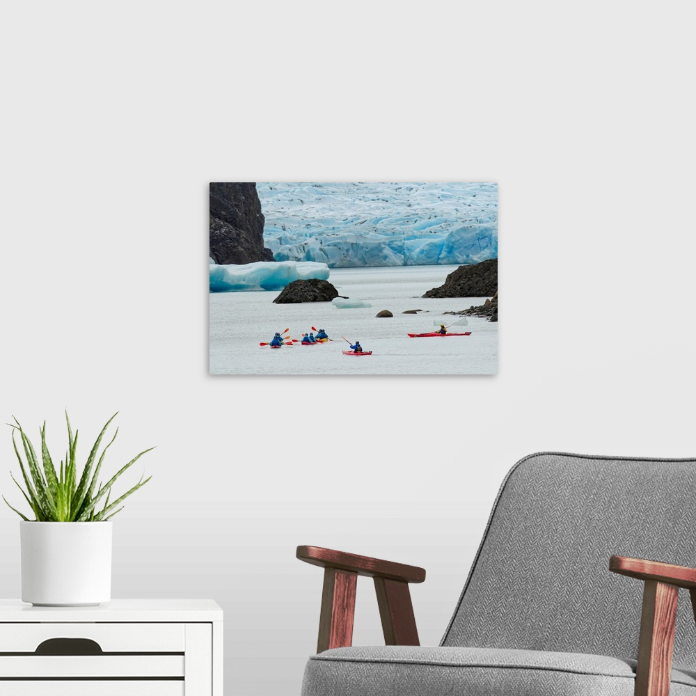 A modern room featuring Kayaker's exploring Grey Lake and Grey Glacier, Torres del Paine National Park, Chile, South Amer...
