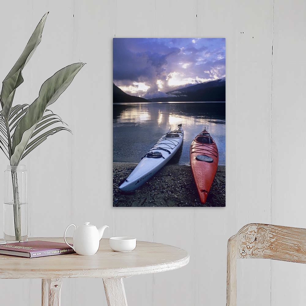 A farmhouse room featuring Kayaks at sunset on Rainbow Falls Beach on Azure Lake in Wells Gray Provincial Park, British Colu...
