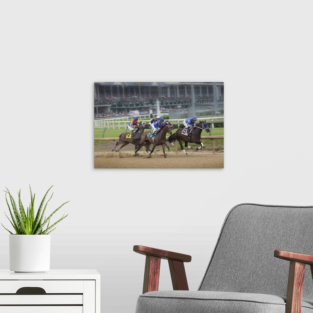 A modern room featuring USA, Kentucky, Louisville. Horses racing at Churchill Downs.