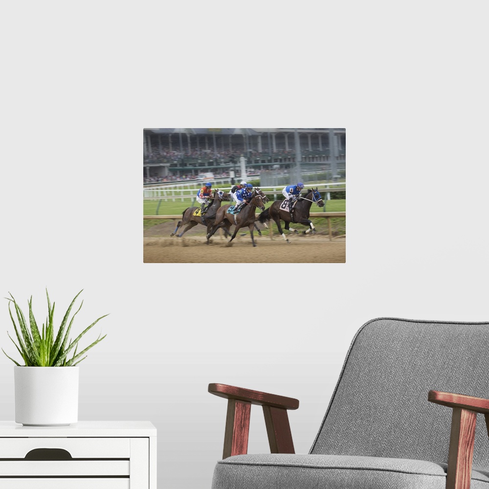 A modern room featuring USA, Kentucky, Louisville. Horses racing at Churchill Downs.
