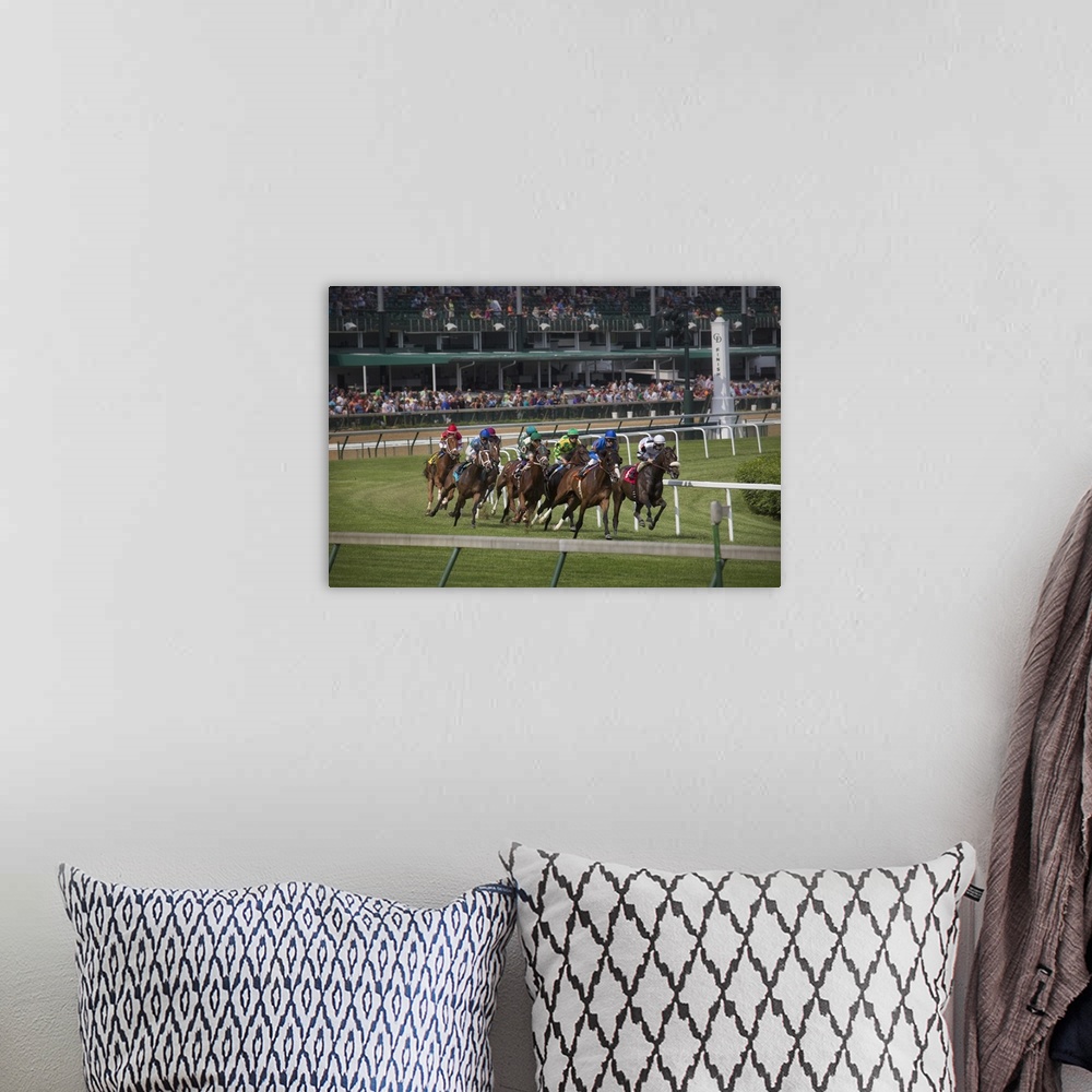 A bohemian room featuring USA, Kentucky, Louisville. Horses racing on turf at Churchill Downs.