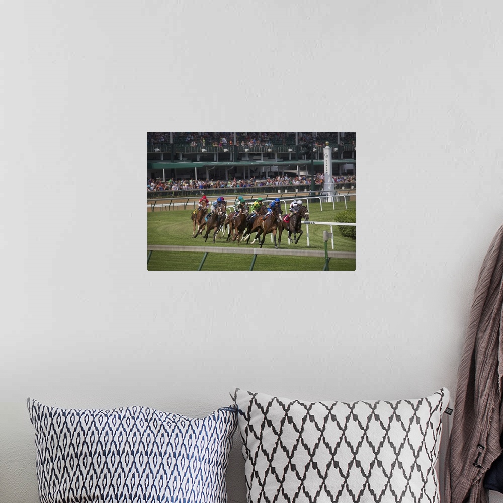 A bohemian room featuring USA, Kentucky, Louisville. Horses racing on turf at Churchill Downs.