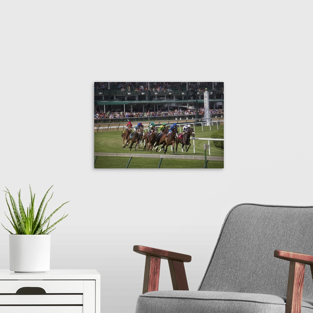 A modern room featuring USA, Kentucky, Louisville. Horses racing on turf at Churchill Downs.
