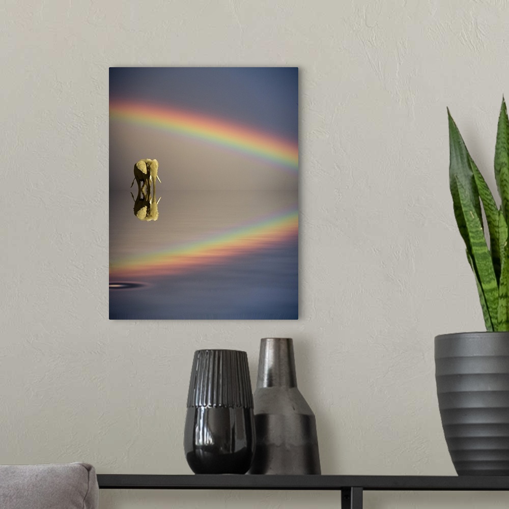 A modern room featuring Africa, Kenya, Masai Mara Game Reserve. Composite of bull elephant, water and rainbow.
