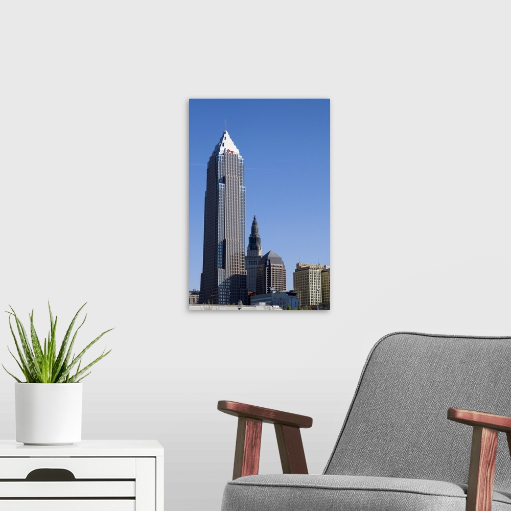 A modern room featuring Key Bank tower and skyline in Cleveland, Ohio...cleveland, ohio, skyline, city, buildings, skyscr...