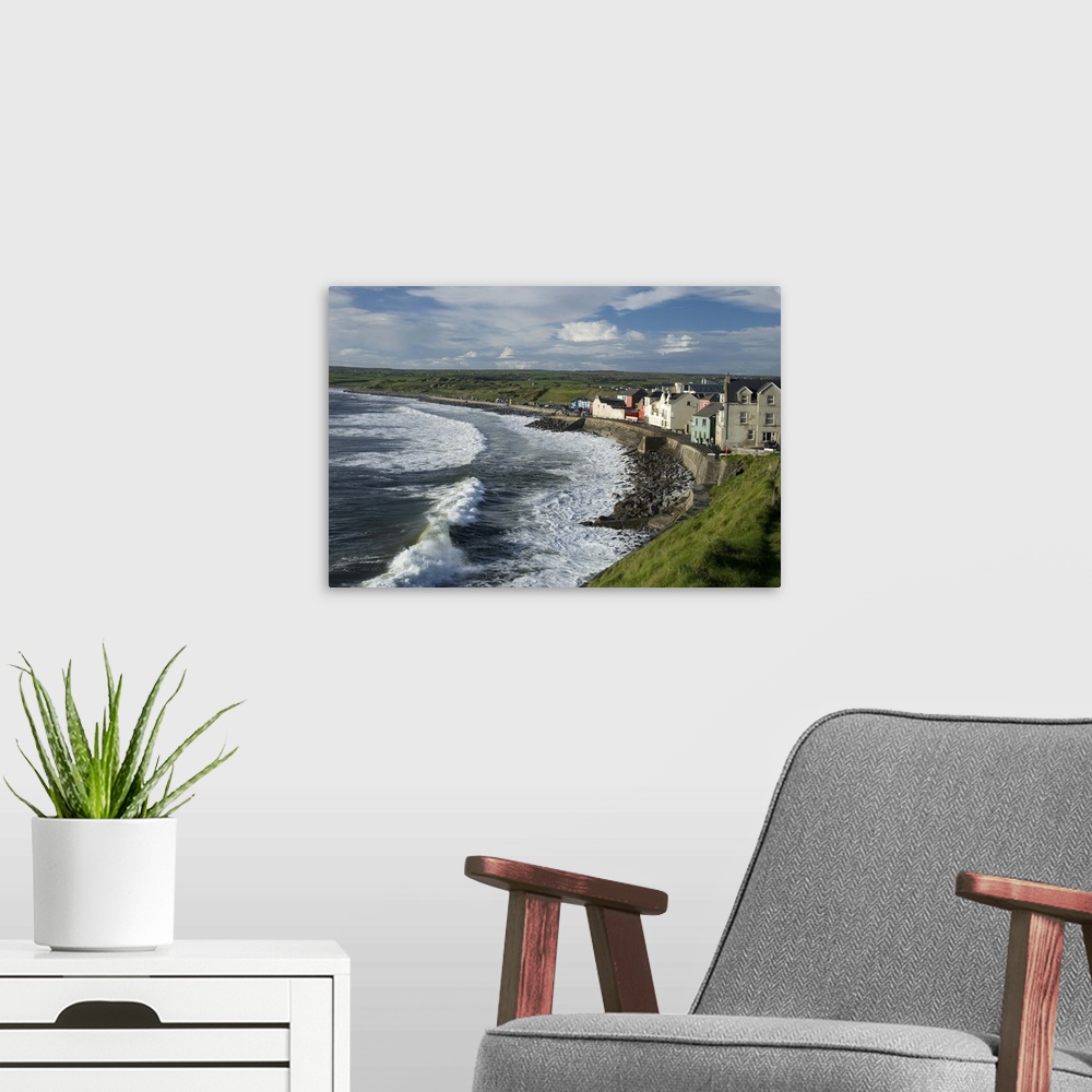 A modern room featuring Lahinch, County Clare, Ireland, Town, Houses, Waves, Breakwater, Evening,Coastline, Seascape