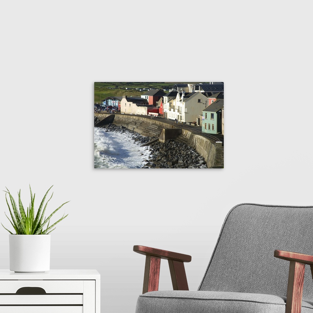 A modern room featuring Lahinch, County Clare, Ireland, Houses, Breakwater, Waves, Coastline, Town