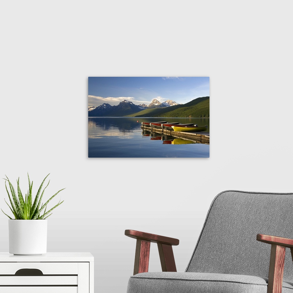 A modern room featuring Lake McDonald is the largest lake in Glacier National Park, Montana.
