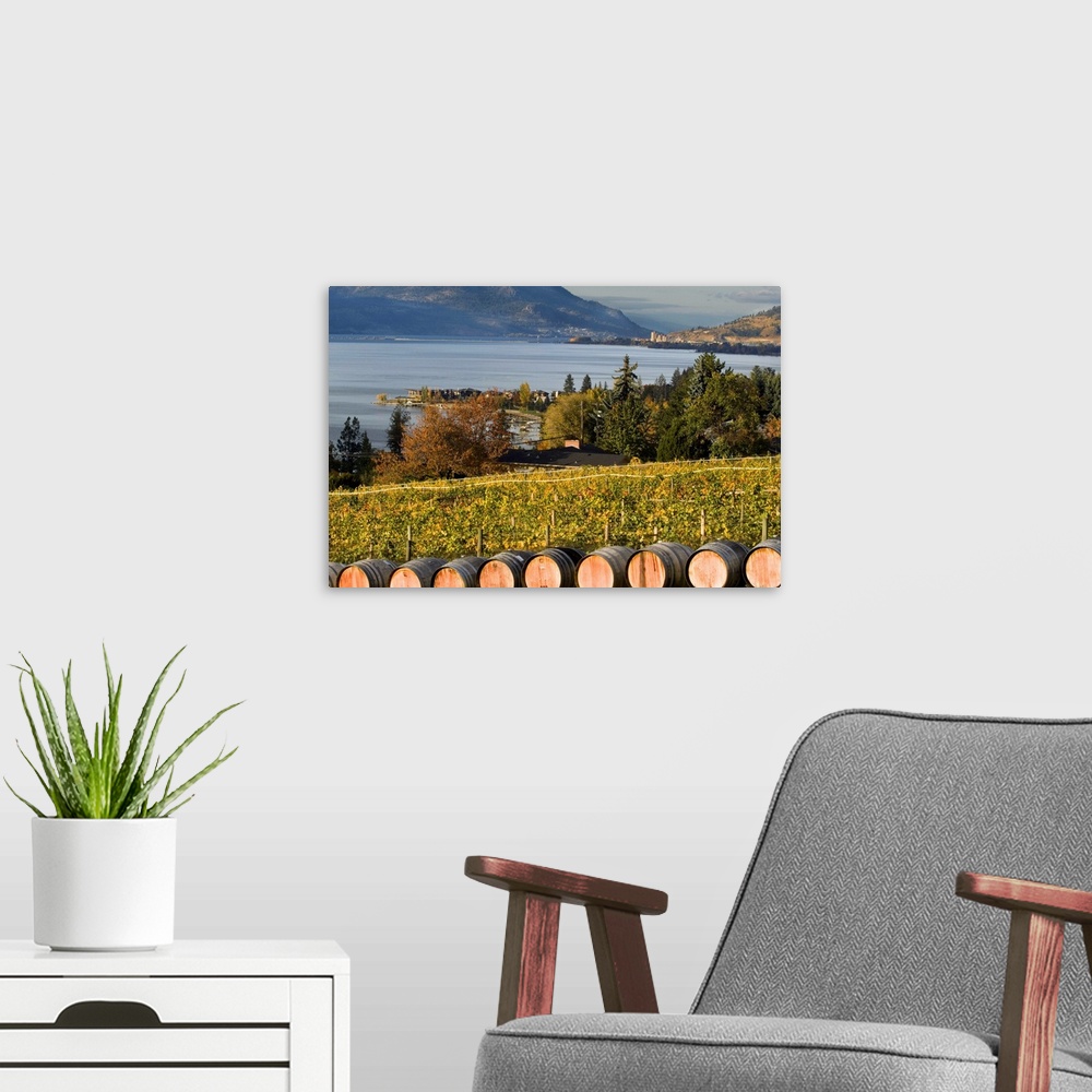 A modern room featuring The town of Kelona seen across Lake Okanagan from the barrels and fall-colored vineyard of Summer...