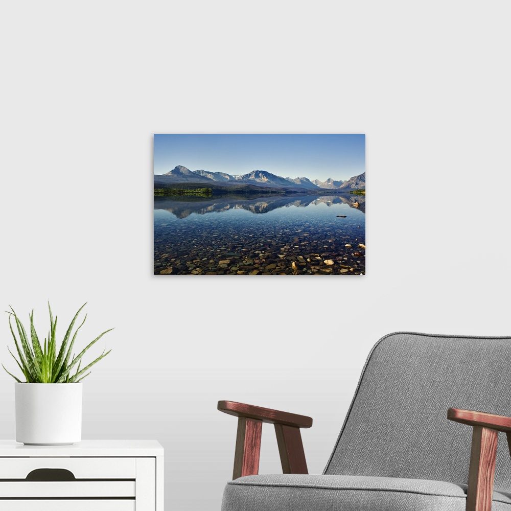A modern room featuring Lake Sherburne, Glacier National Park, Montana
