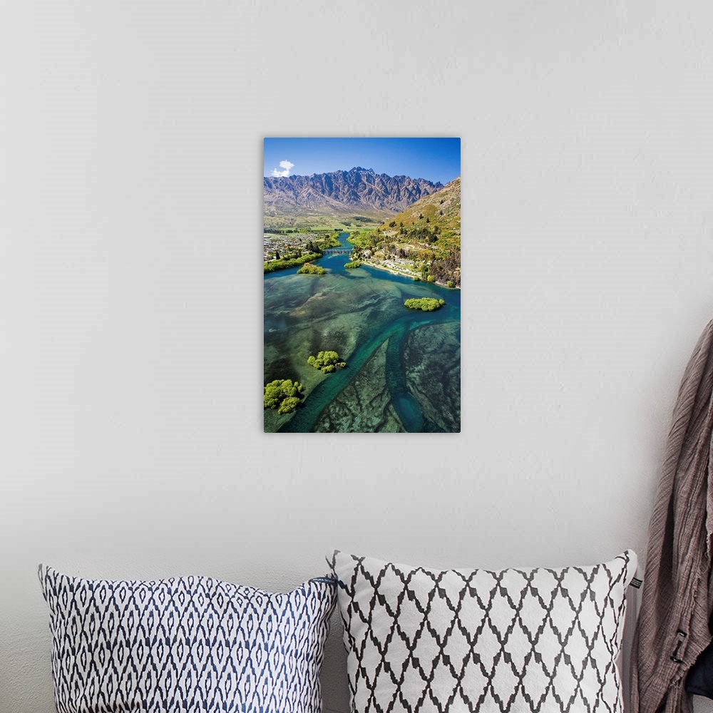 A bohemian room featuring Lake Wakatipu, Kawarau River, and The Remarkables, Queenstown, South Island, New Zealand - aerial