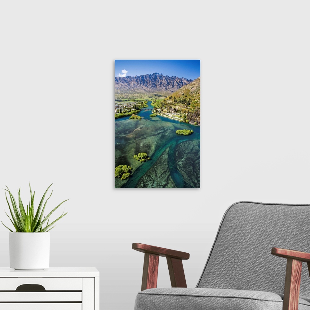 A modern room featuring Lake Wakatipu, Kawarau River, and The Remarkables, Queenstown, South Island, New Zealand - aerial