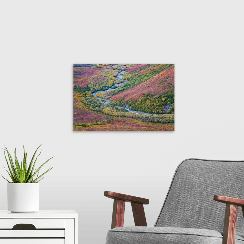A modern room featuring USA, Alaska, Brooks Range. Landscape of tundra and Dietrich River.