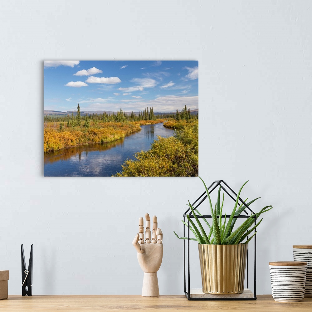 A bohemian room featuring USA, Alaska, Dalton Highway. Landscape with Kanuti River.