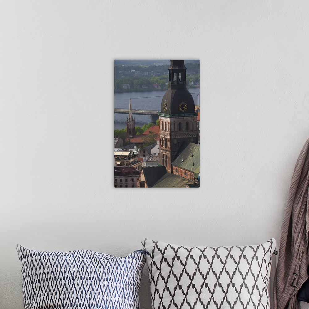 A bohemian room featuring Latvia, Riga, Old Riga, Vecriga, elevated view of Dome Cathedral from St. Peter's Lutheran Church...
