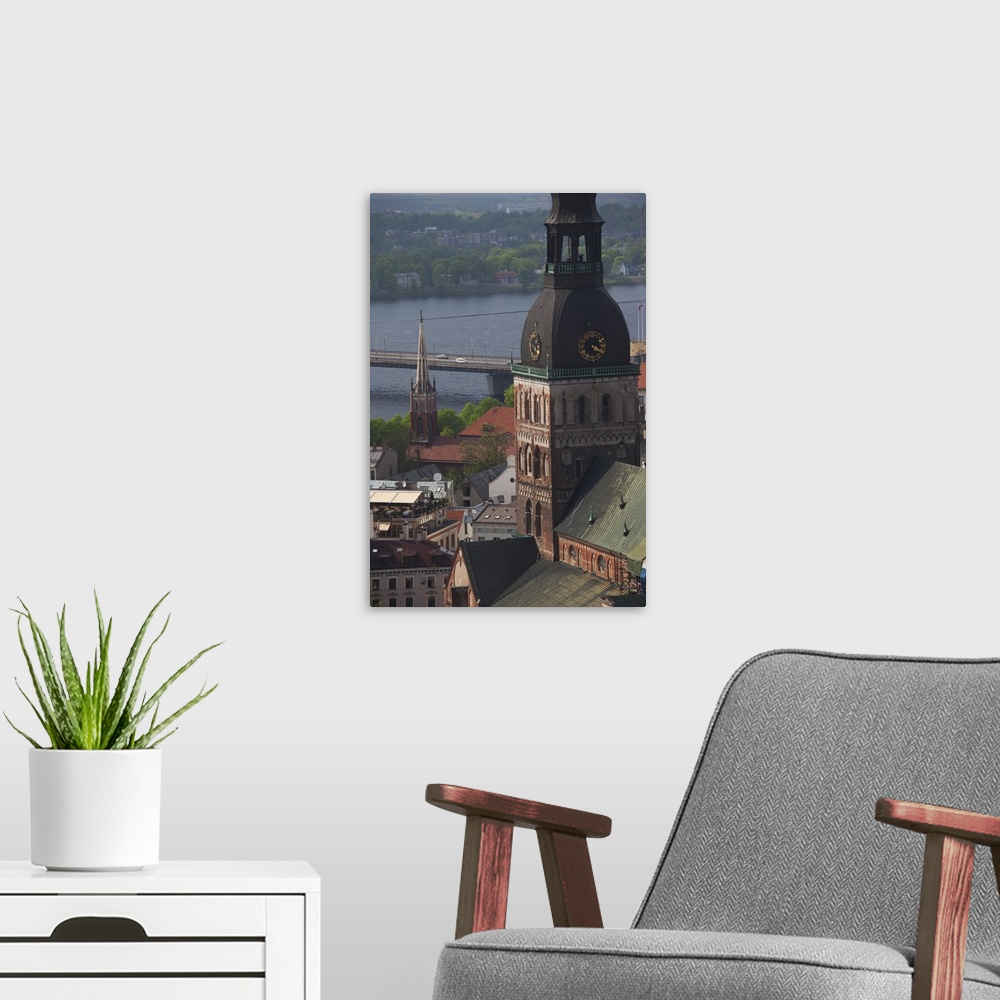 A modern room featuring Latvia, Riga, Old Riga, Vecriga, elevated view of Dome Cathedral from St. Peter's Lutheran Church...