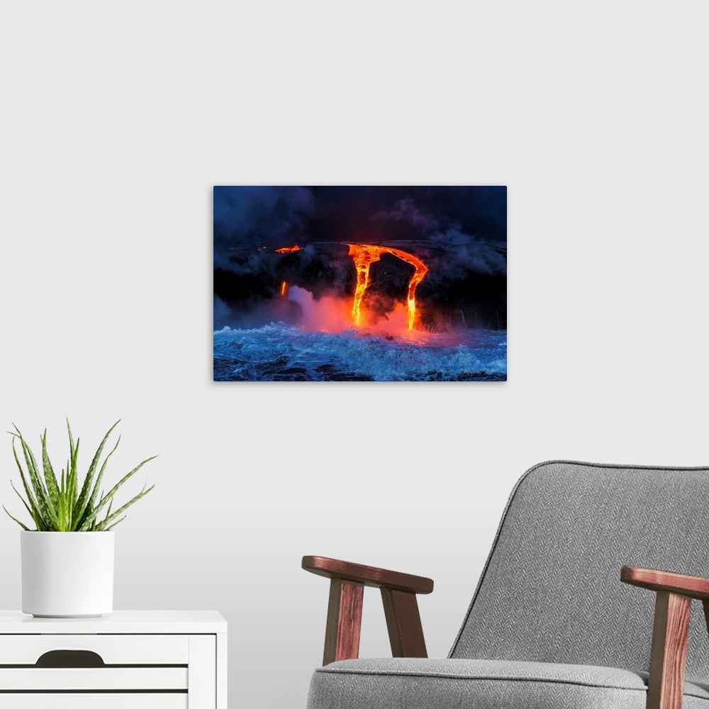 A modern room featuring Lava flow entering the ocean at dawn, Hawaii Volcanoes National Park, The Big Island, Hawaii USA