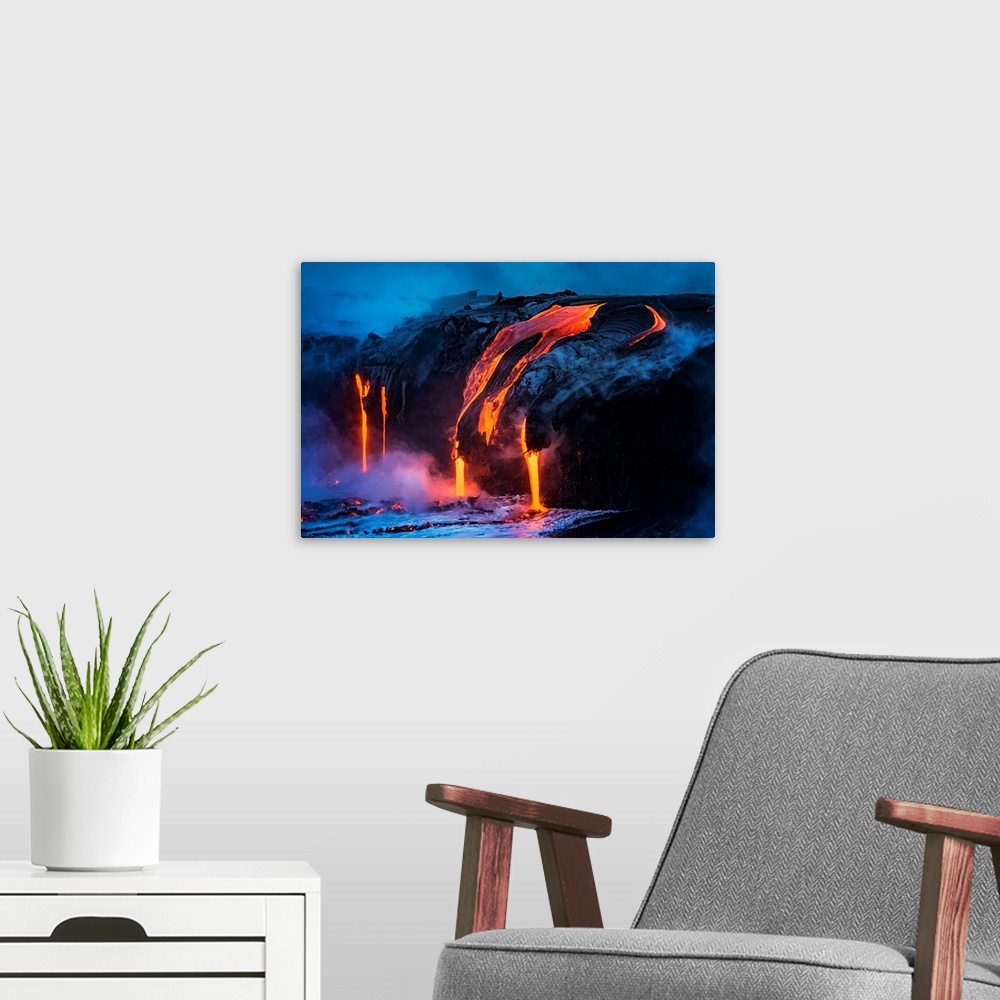 A modern room featuring Lava flow entering the ocean at dawn, Hawaii Volcanoes National Park, The Big Island, Hawaii USA